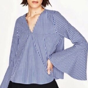 Zara Woman Blue Gingham Flounce Top, size S -VGUC